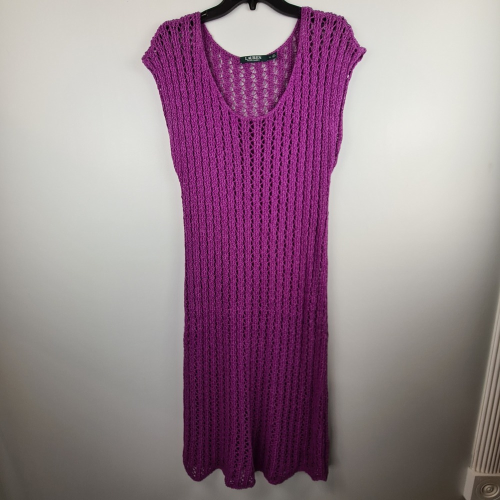 Lauren Ralph Lauren Purple Crochet Knit Maxi Dress Womens XL Scoop Neck Boho